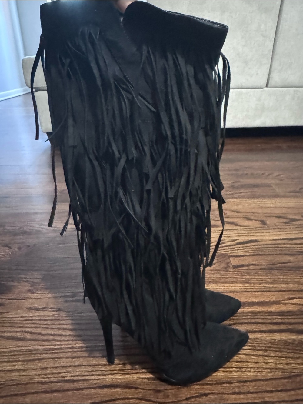 JustFab Black Fringe Knee-High Stiletto Boots